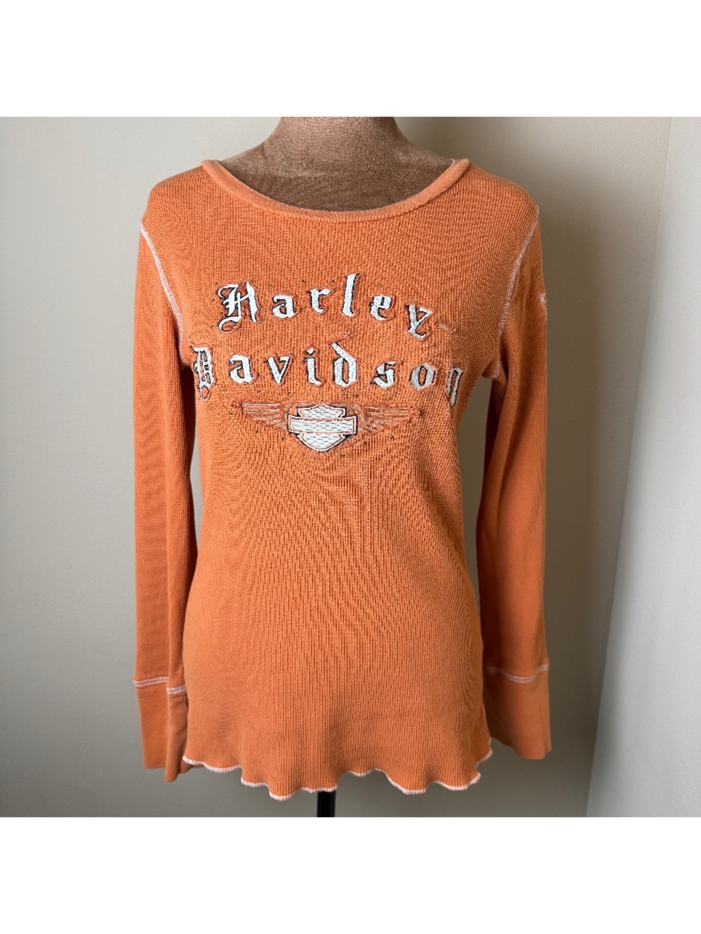 Harley Davidson Waffle Thermal Shirt Womens Large Orange Embroidered Bling 2000s